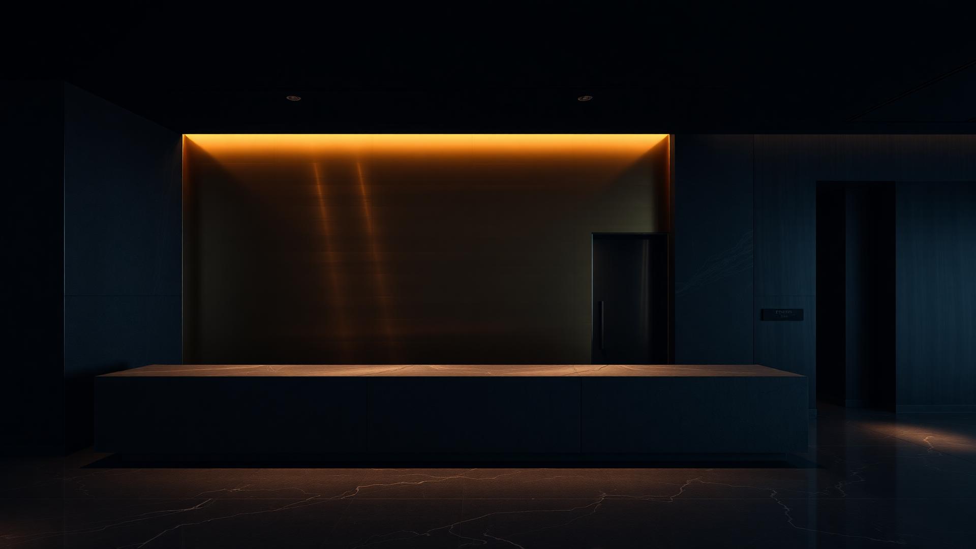 Minimal reception lobby with a stone desk and brushed bronze wall