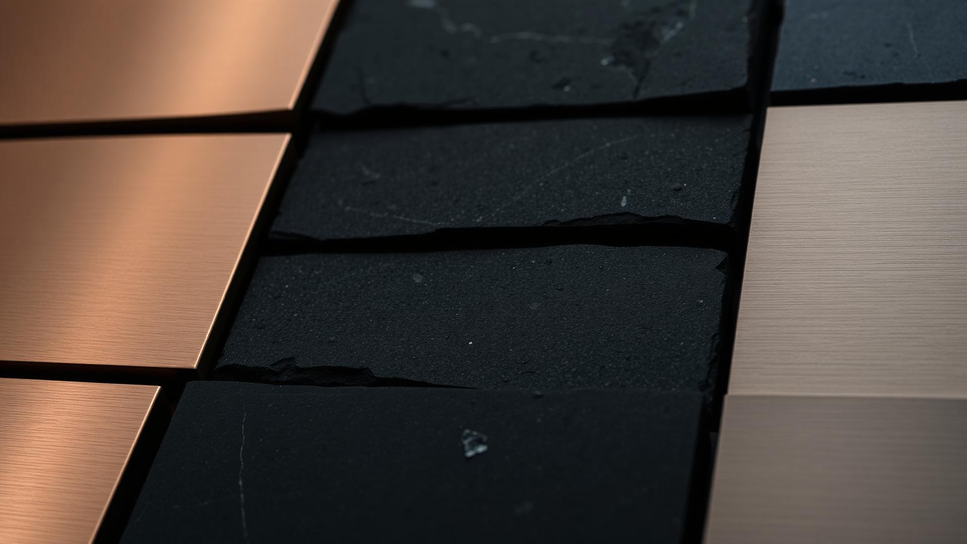 Brushed bronze and dark stone material samples