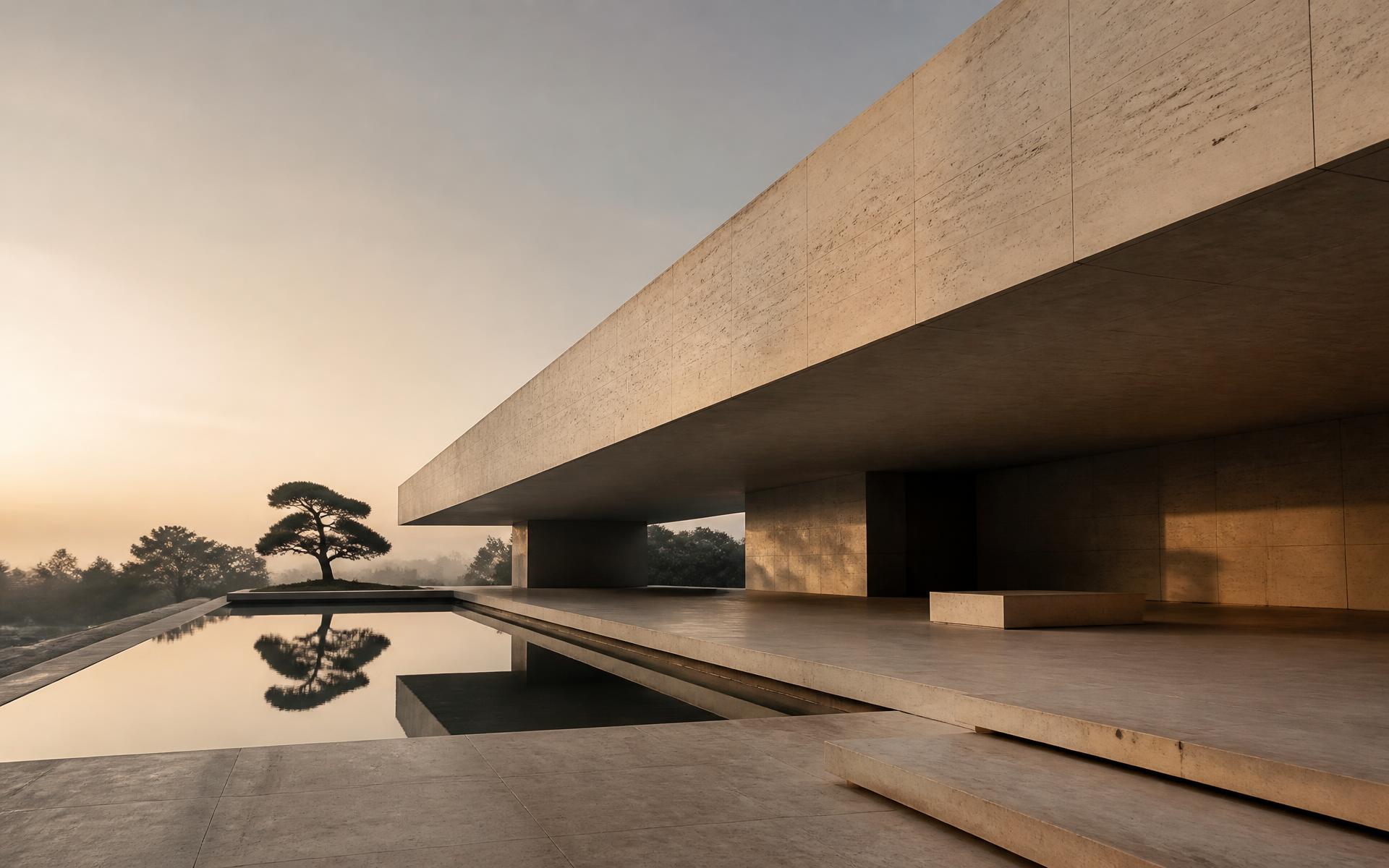 Travertine pavilion at dawn reflected in a still water court